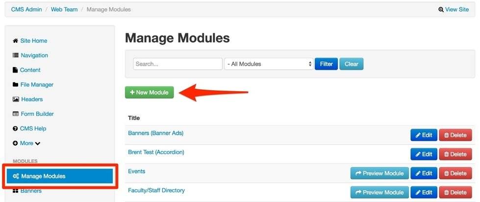 Screenshot showing module list page